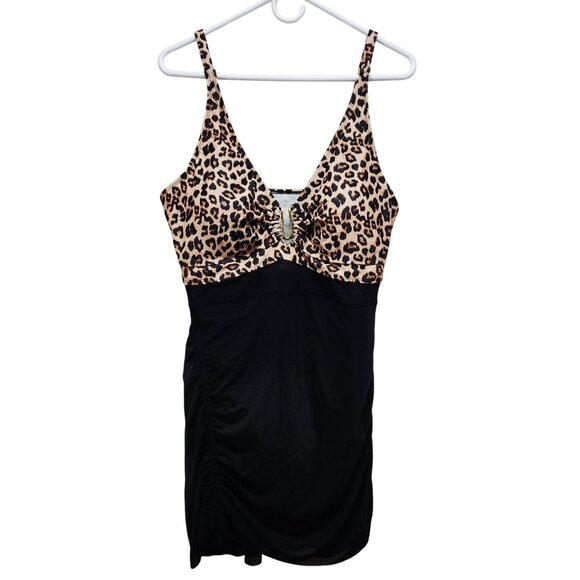 Leopard Print V-Neck Swim Dress With Ruched Sides & Built-In Bottoms Size XXL - Picture 1 of 7
